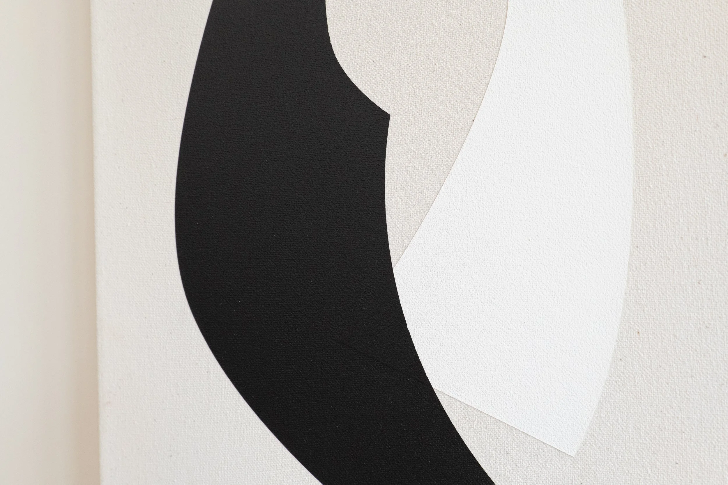 Close-up of black and white abstract acrylic painting by Tetiana Kartasheva, Zurich, Switzerland. Minimalist composition.