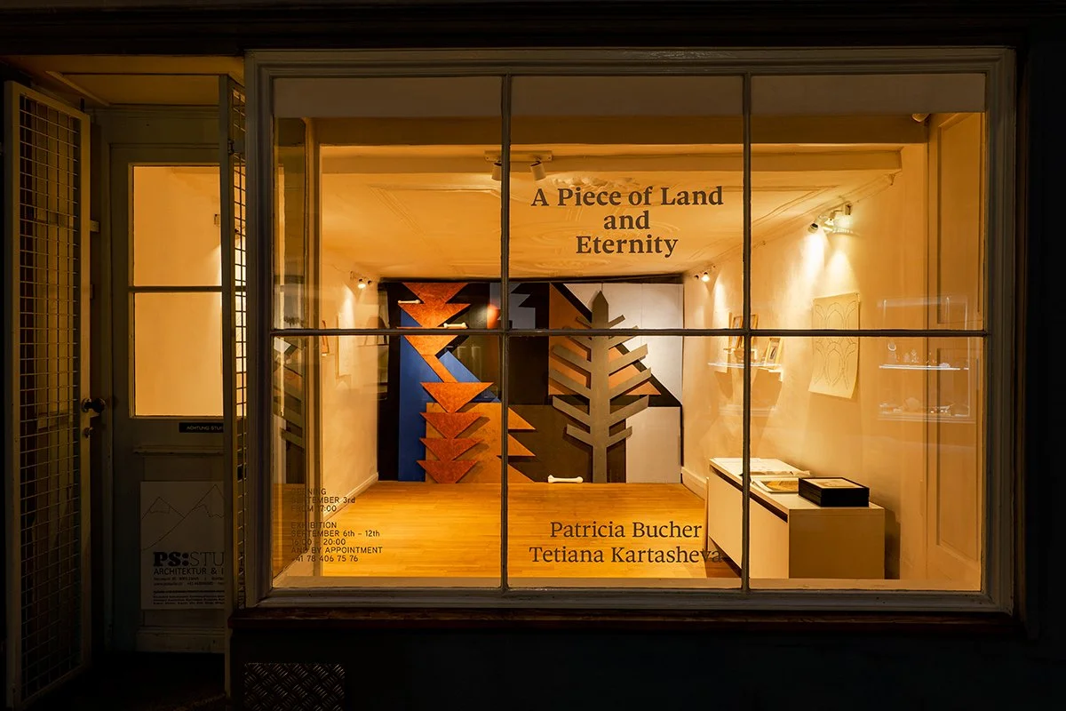 An art gallery exhibit titled 'A Piece of Land and Eternity' featuring wooden architectural models of trees and geometric shapes, with artists Patricia Bucher and Tetiana Kartasheva's names displayed.