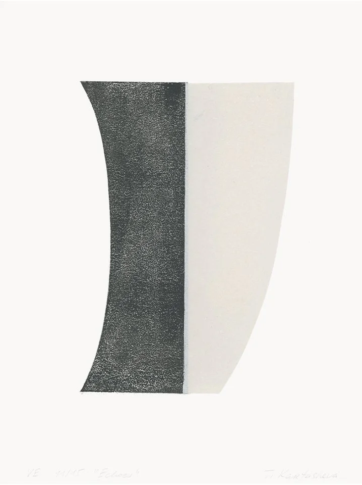 Abstract black and white sculpture with curved and straight surfaces.