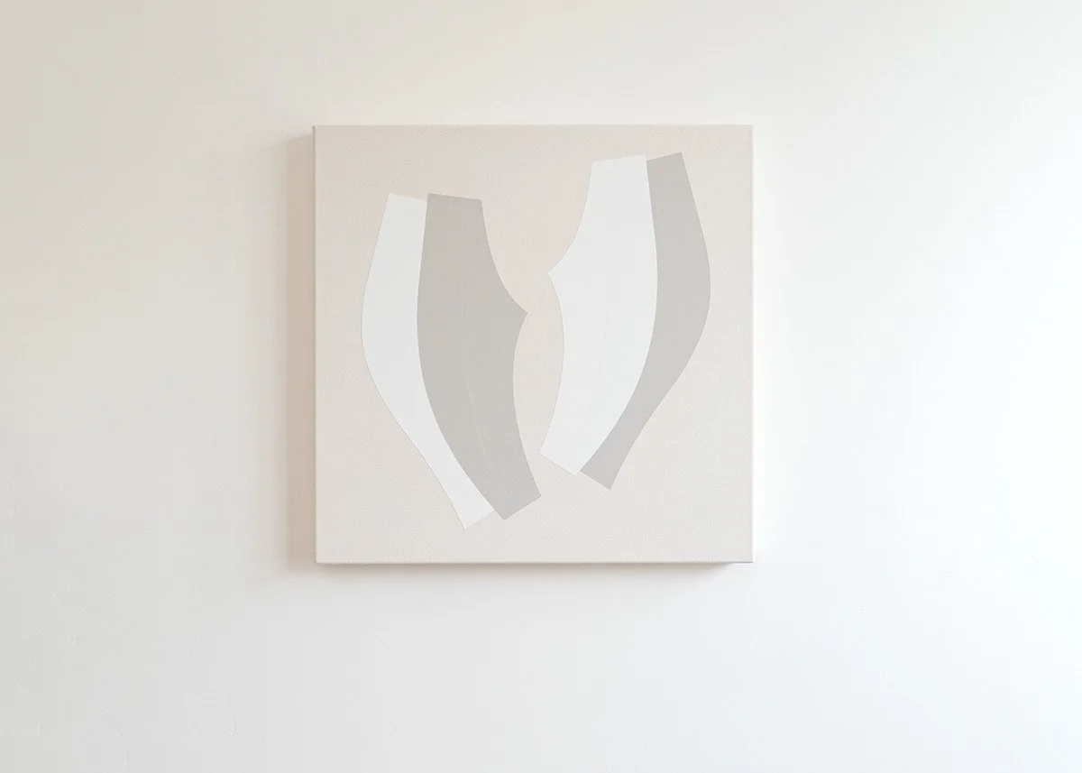 Abstract minimalist artwork with irregular-shaped, curved gray and white patches on a light background.