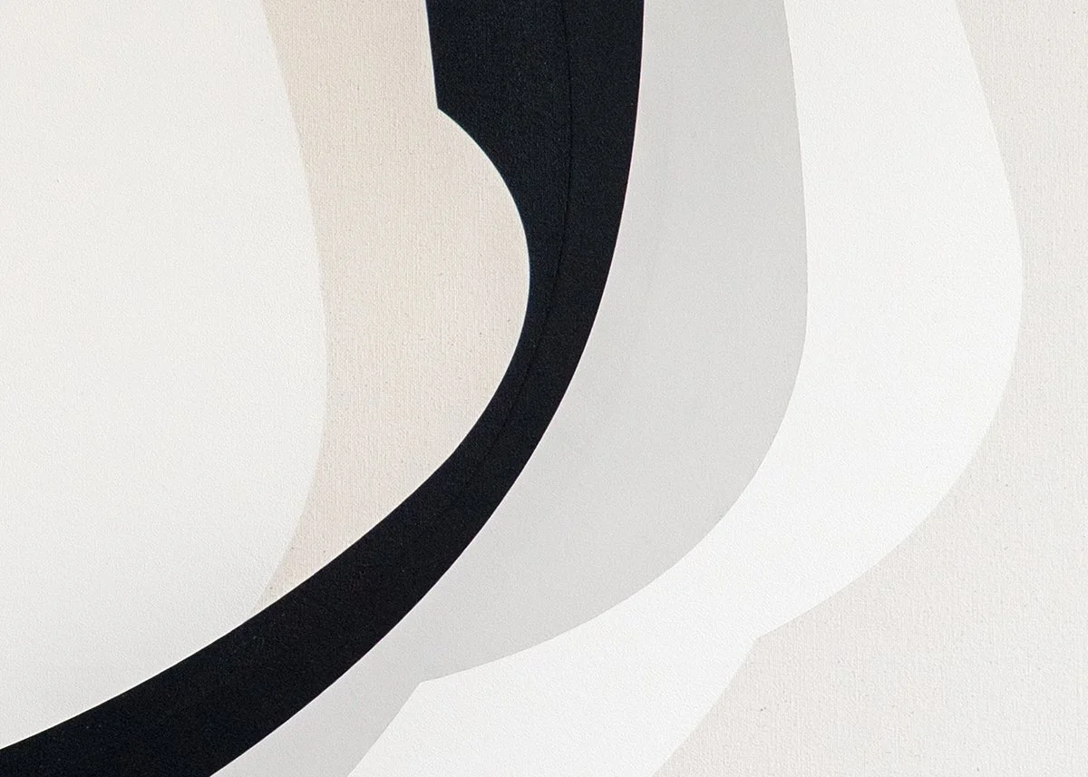 Close-up of an abstract black and white geometric design with curved shapes and sharp edges.