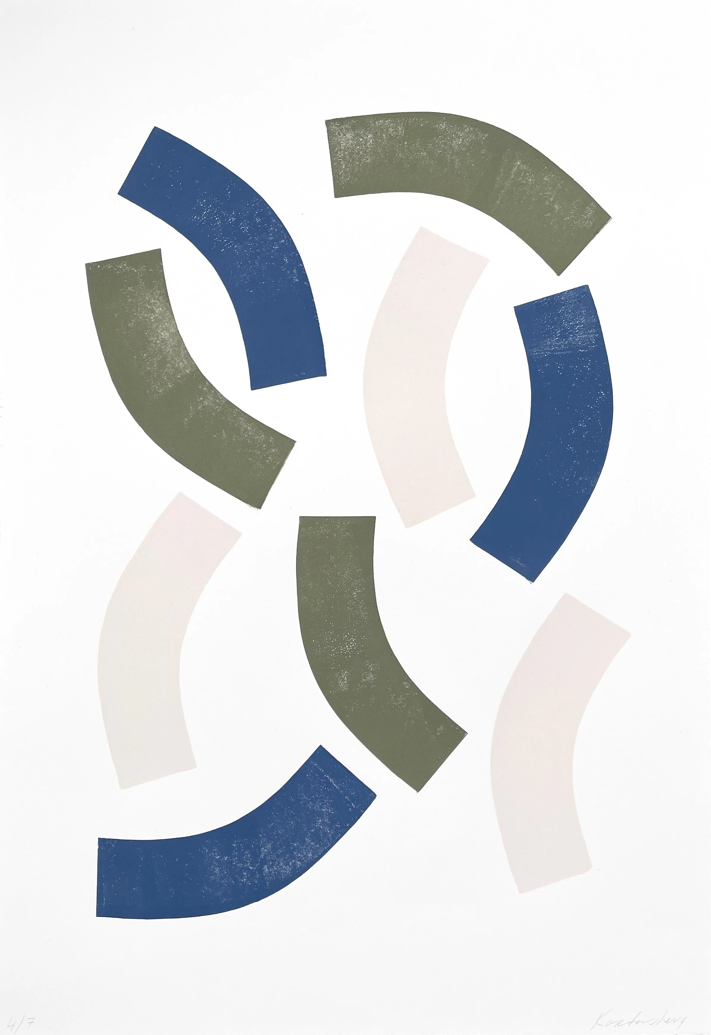 Abstract art with curved shapes in green, blue, and white on a white background.