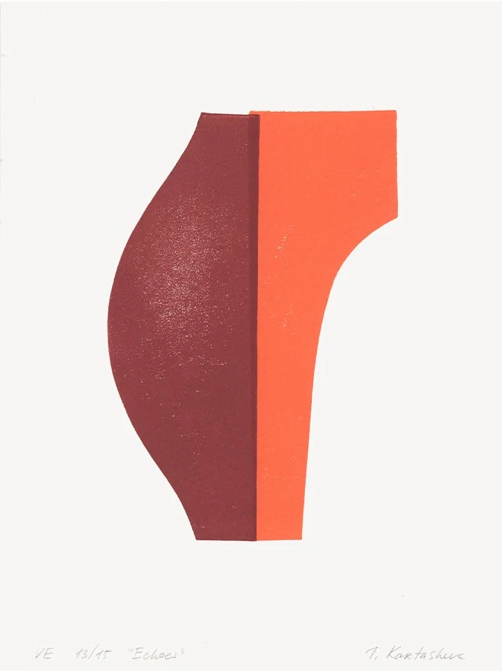 Artwork depicting a split illustration of a buttocks, with the left side in dark red and the right side in orange.