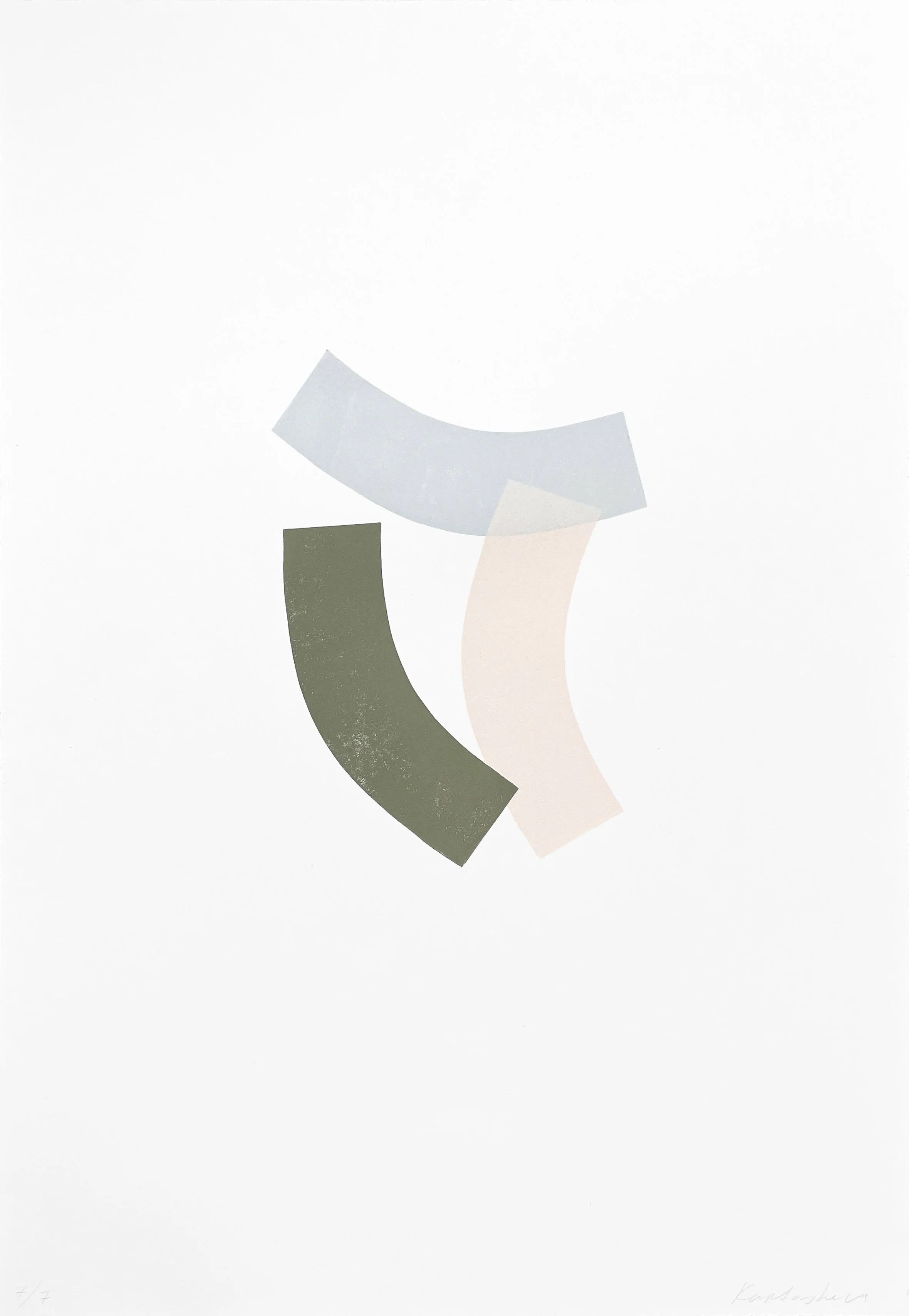 Abstract artwork with three curved, semi-transparent shapes in light blue, dark green, and beige, arranged on a white background.