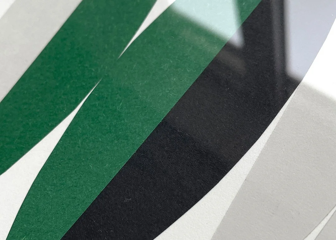 Close-up of a collage on paper with green, black, and white colors.