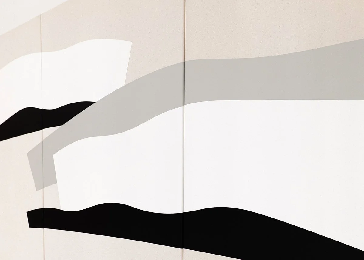 Abstract painting close up with curved black, white, and gray shapes.