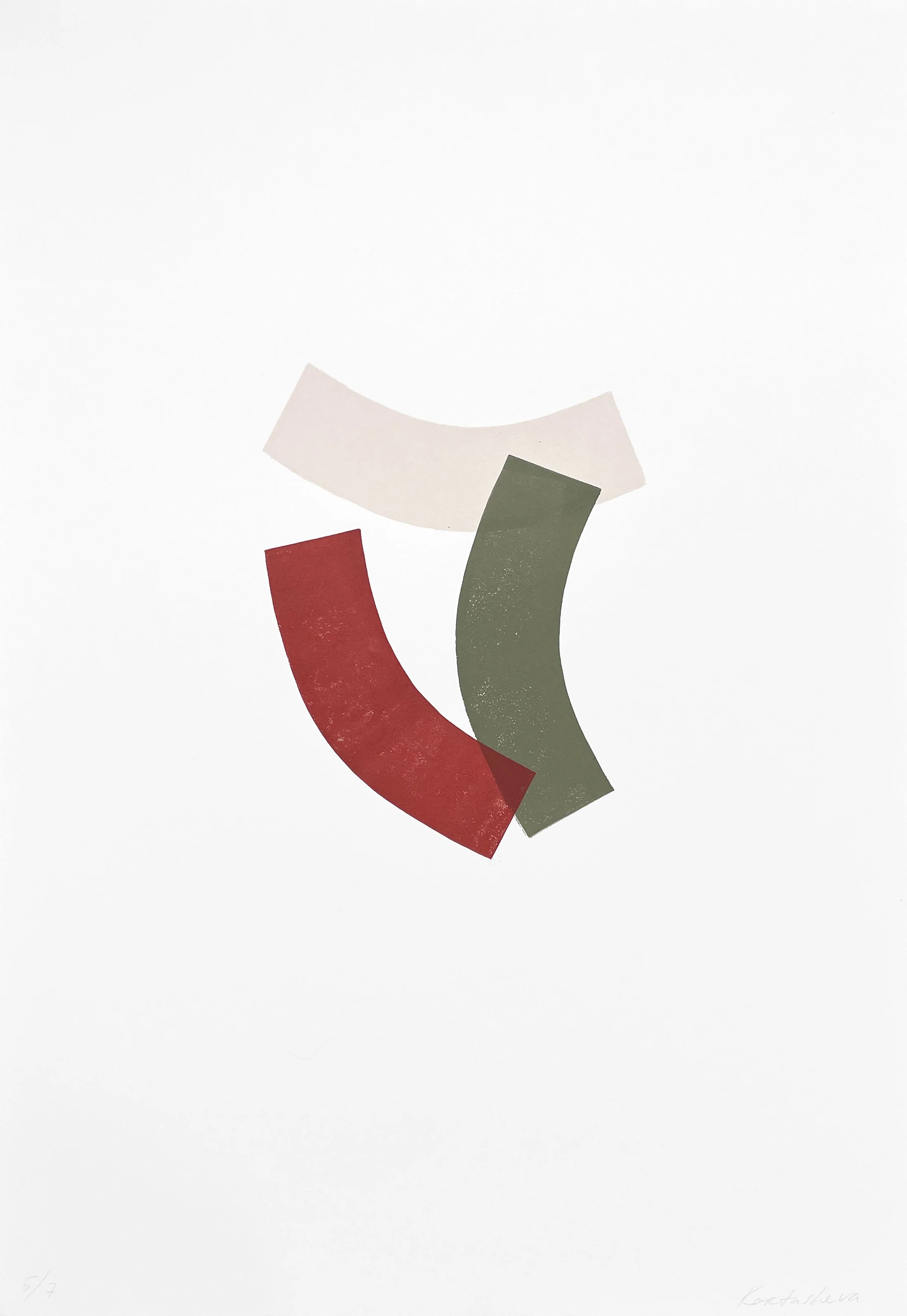Abstract artwork with three curved shapes in white, red, and green on a white background.