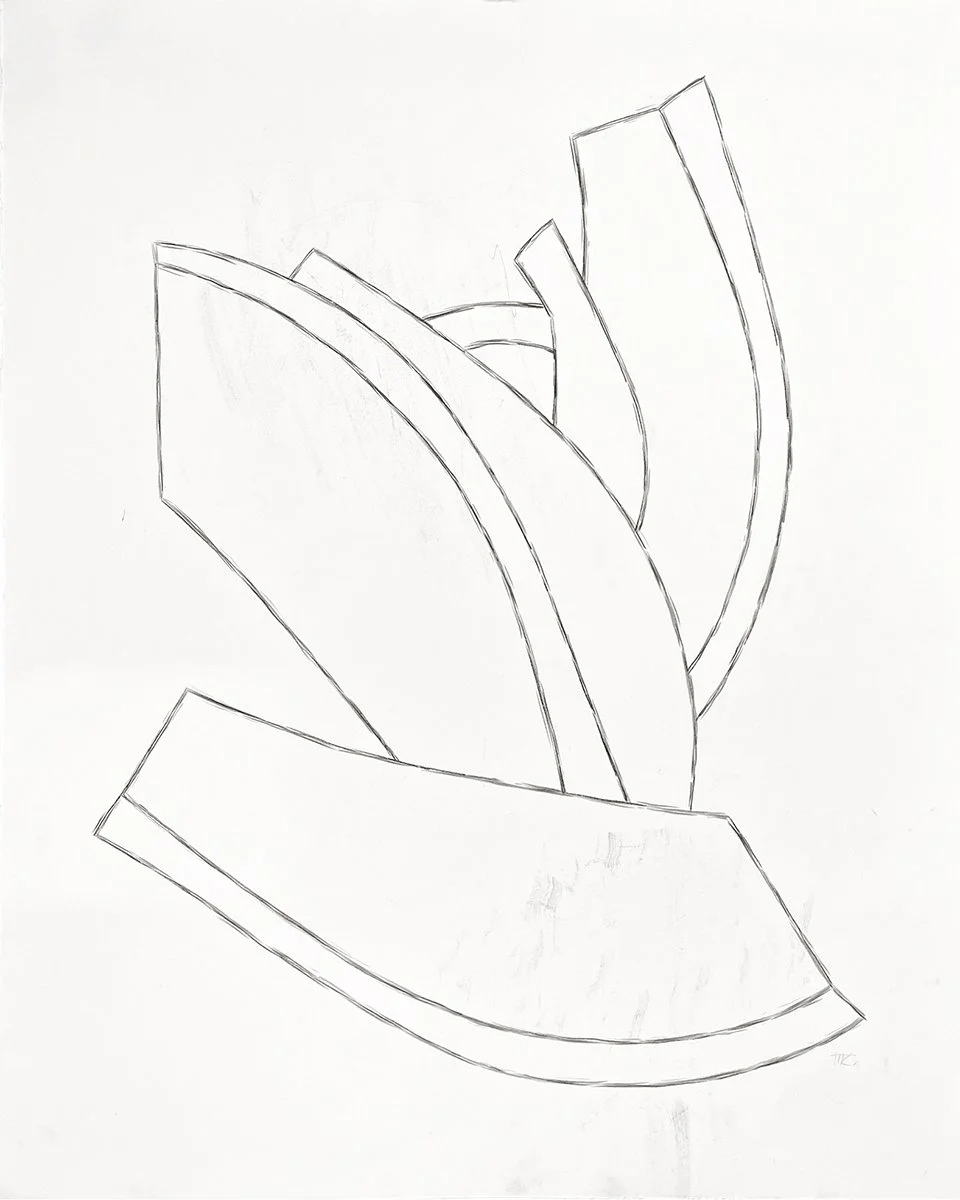 A pencil sketch of an abstract floral design with curved and geometric shapes.