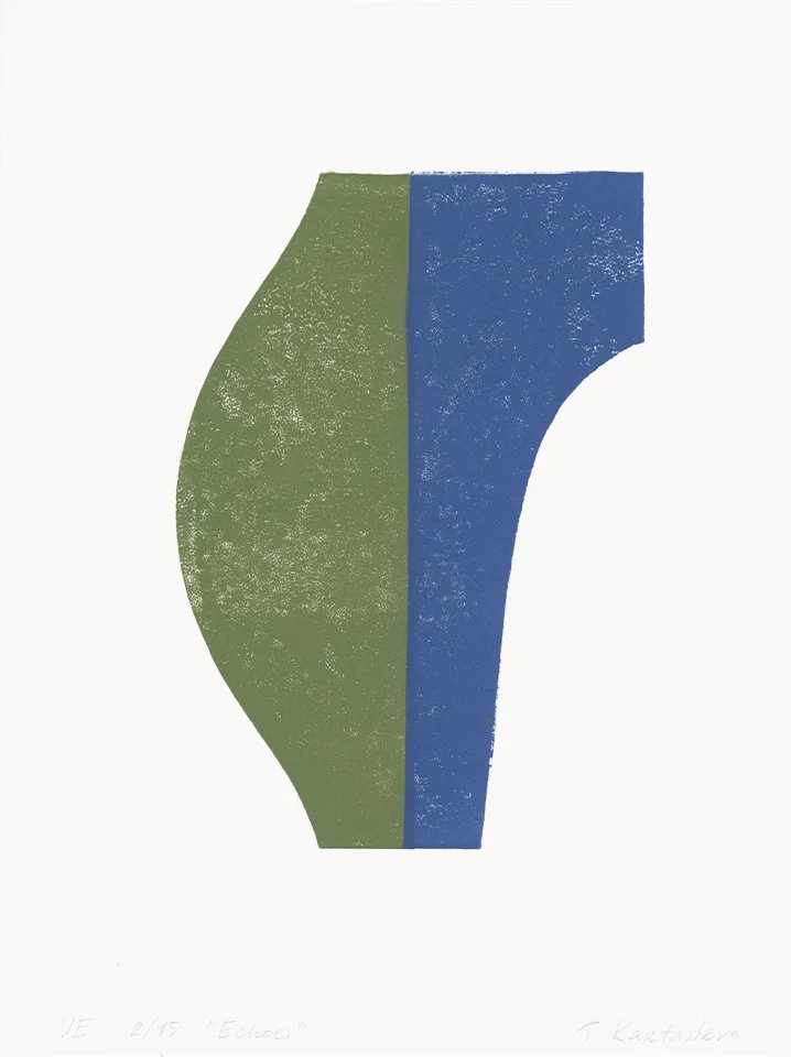 Abstract artwork split into two halves with textured green on the left and textured blue on the right, resembling a stylized human torso.