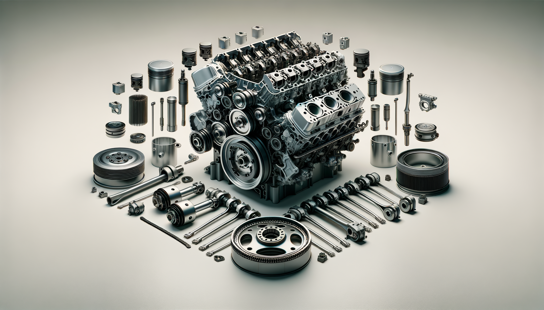 Disassembled car engine parts arranged around a central engine block, including pistons, valves, gears, timing chain, and other mechanical components.