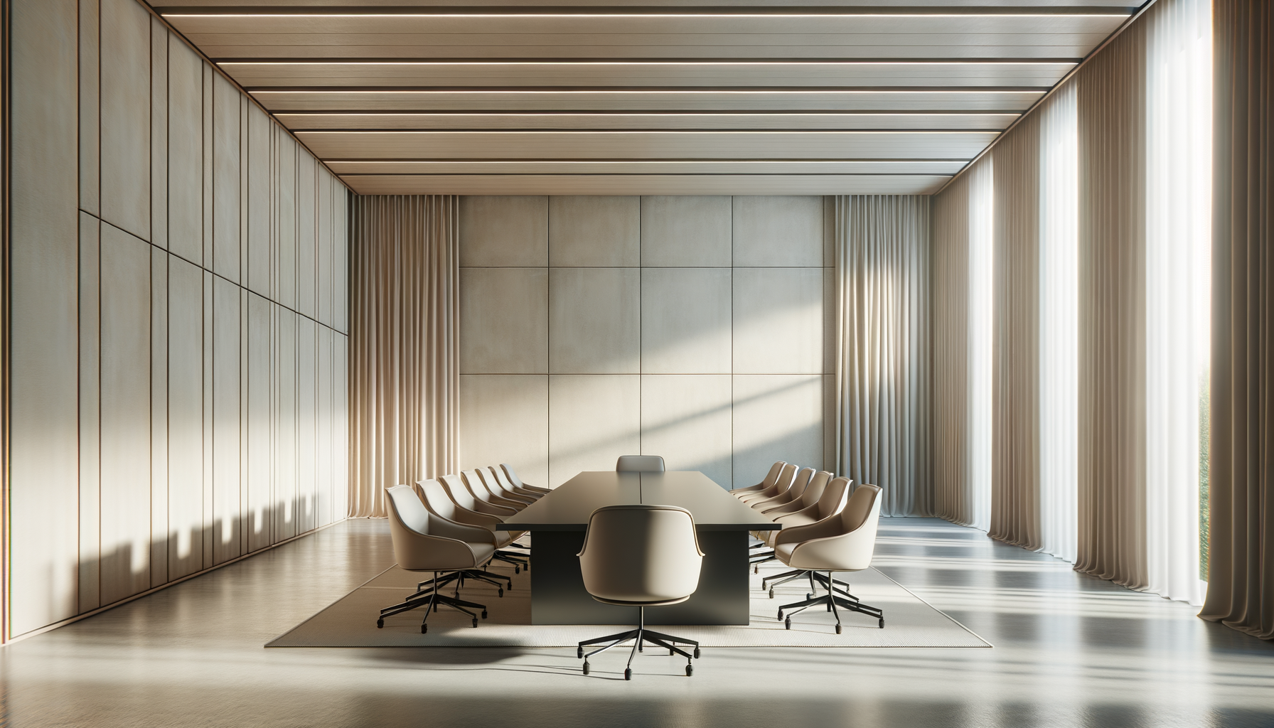 Empty modern conference room with a long table, beige chairs, and floor-to-ceiling curtains allowing natural light.