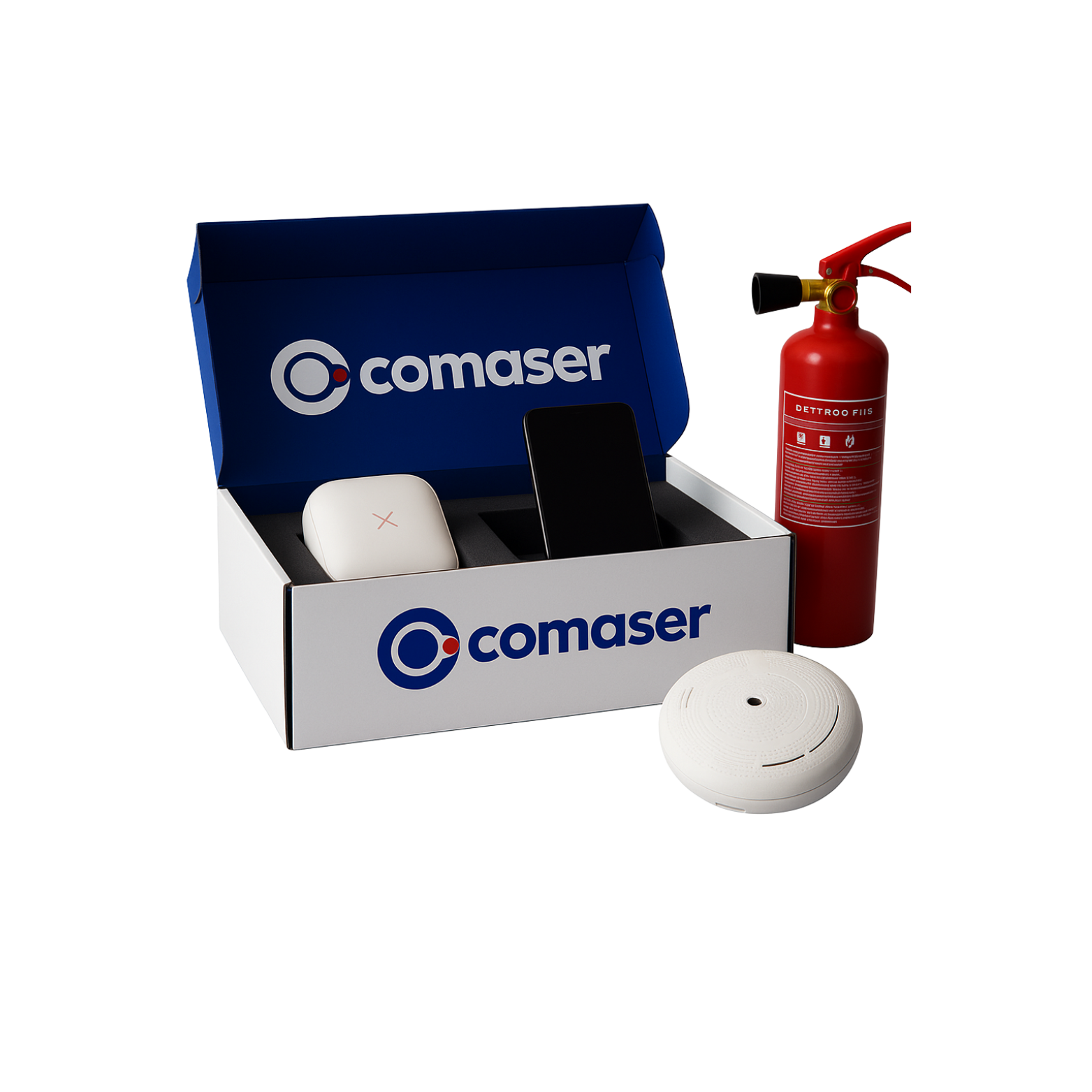 Kit contra incendios con extintor, sensor de humo y dispositivo inalámbrico en caja azul y blanco con logo de Comaser.