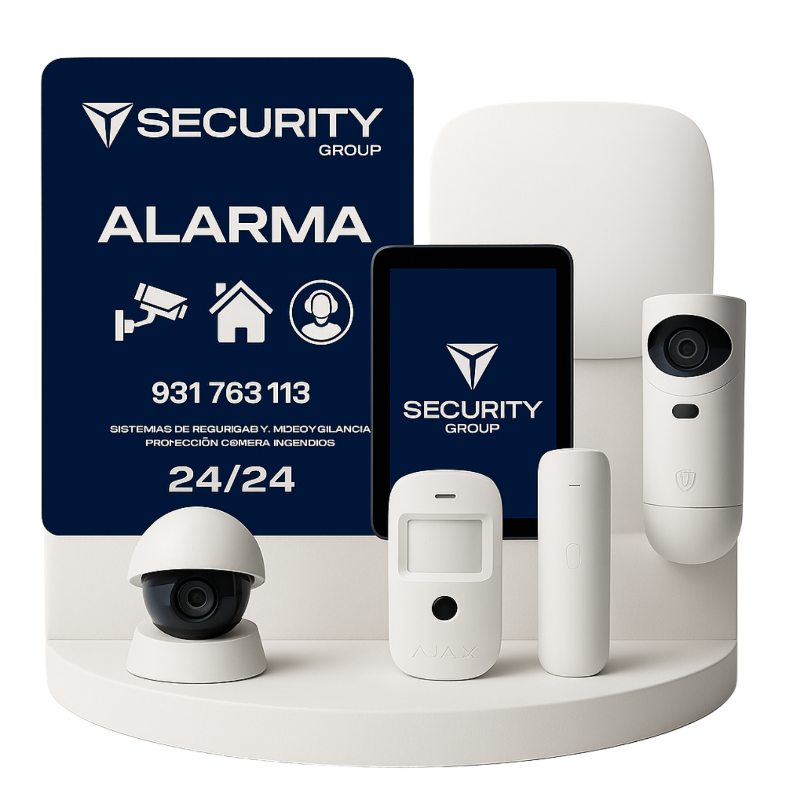 Kit de sistema de seguridad con cámaras, sensores y control remoto en color blanco, junto con una tarjeta de identificación y señalización de advertencia.