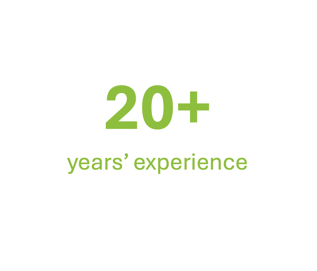 Text graphic that reads '20+ years' experience'.