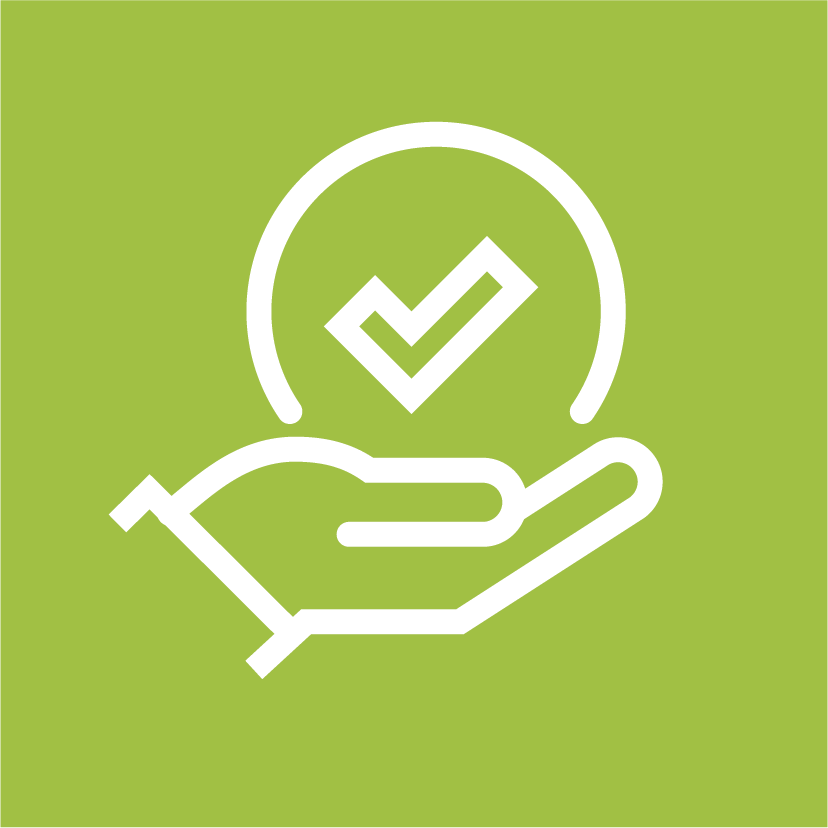 A white line drawing of a hand holding a circle with a checkmark inside on a green background.