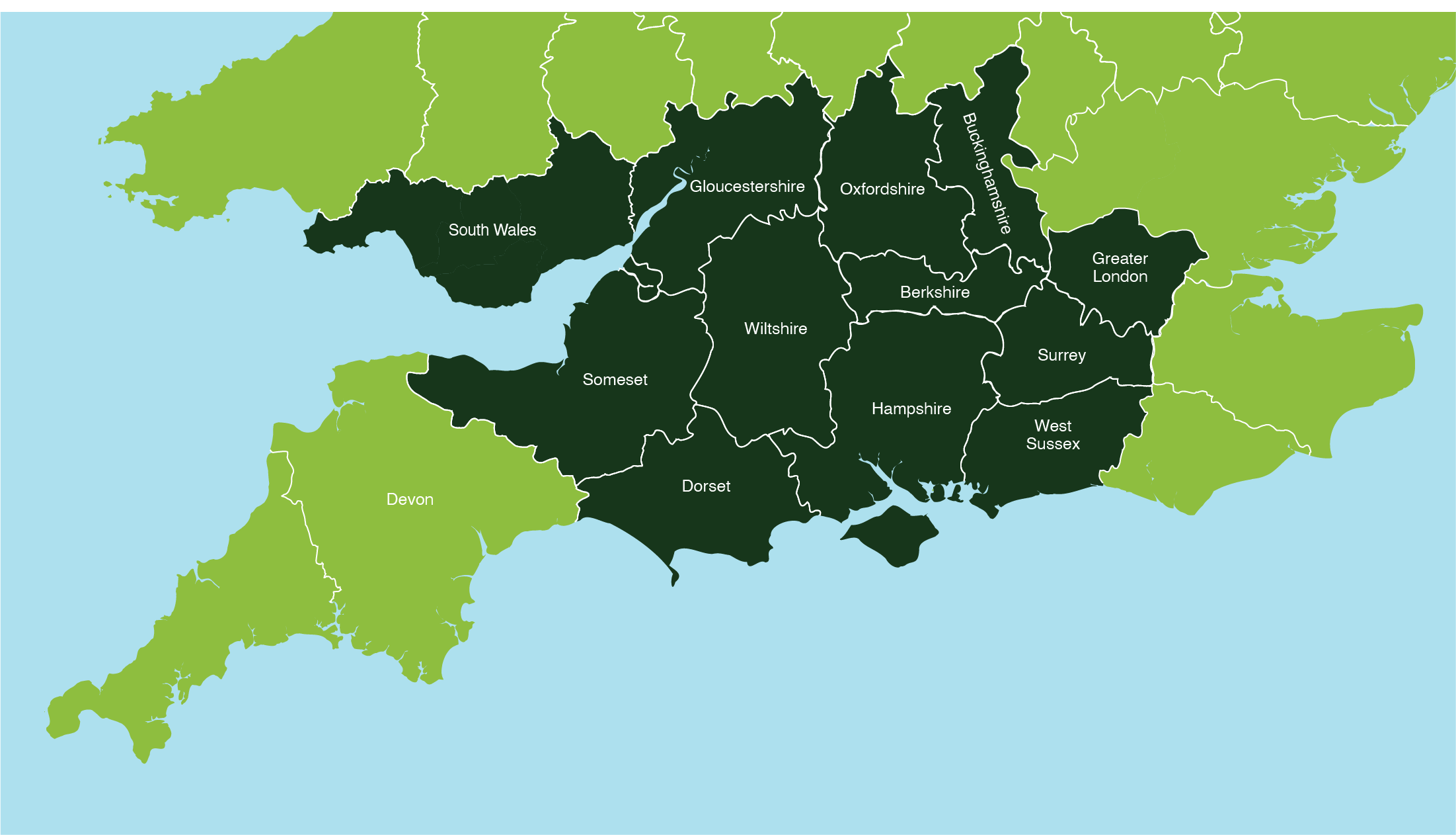 Map of England showing regions served by Wessex shaded in green: Wiltshire, Devon, Somerset, Monmouthshire, Gloucestershire, Hampshire, Surrey, Greater London, Berkshire, Buckinghamshire, West Sussex.