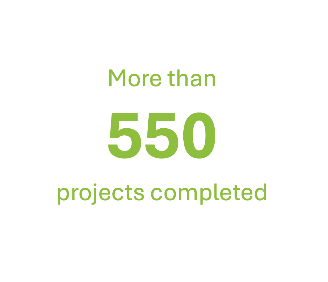 Text graphic stating 'More than 550 projects completed' in green font.