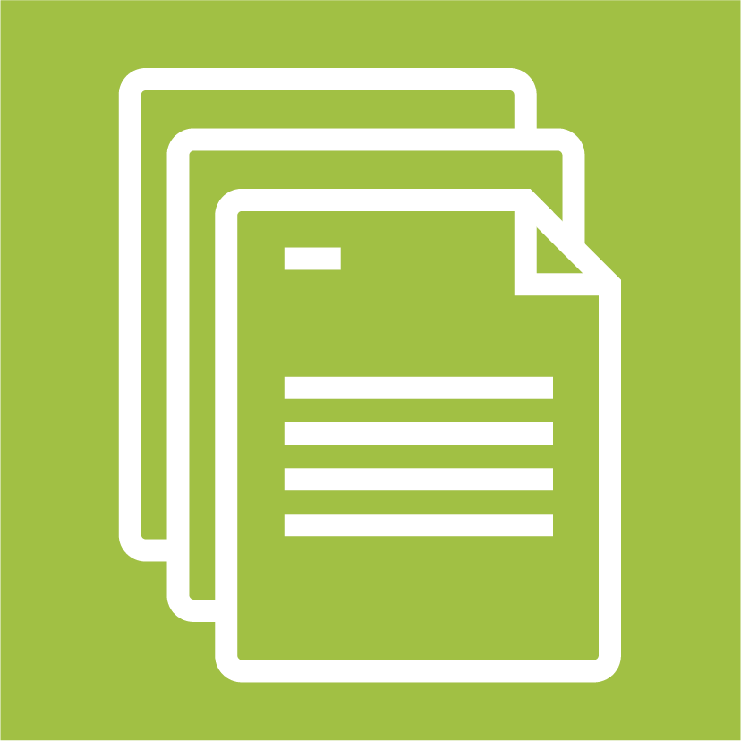 Icon of three stacked documents with a green background.