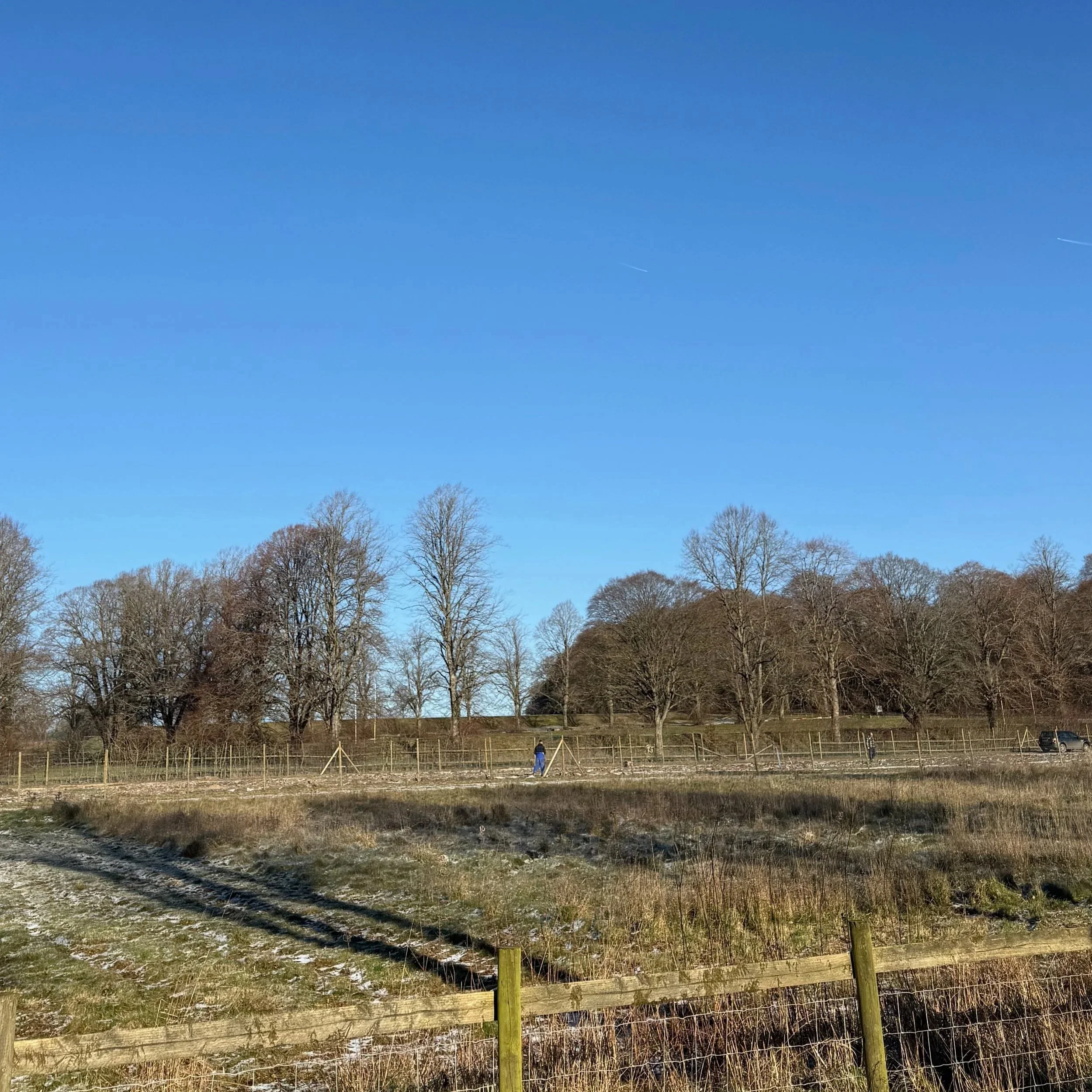 A rural landscape with a large open field, sparse grass, and leafless trees under a clear blue sky. There are a few people walking near a wooden fence, and a vehicle is visible in the distance.