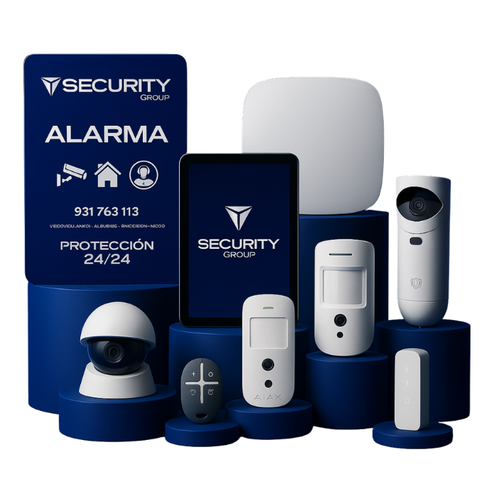 Diversos dispositivos de seguridad y alarmas, incluyendo cámaras, sensores y control remoto, sobre fondos azul oscuro.