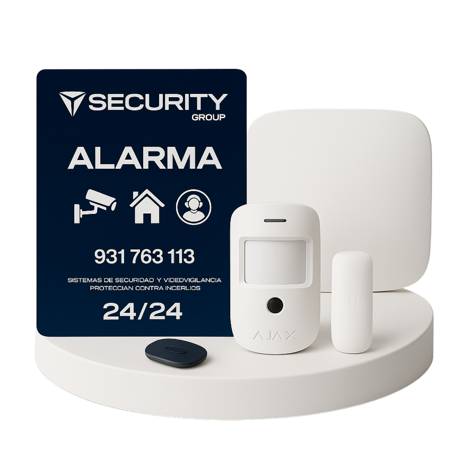 Sistema de alarma de seguridad con cámaras, sensores y control remoto en fondo blanco.