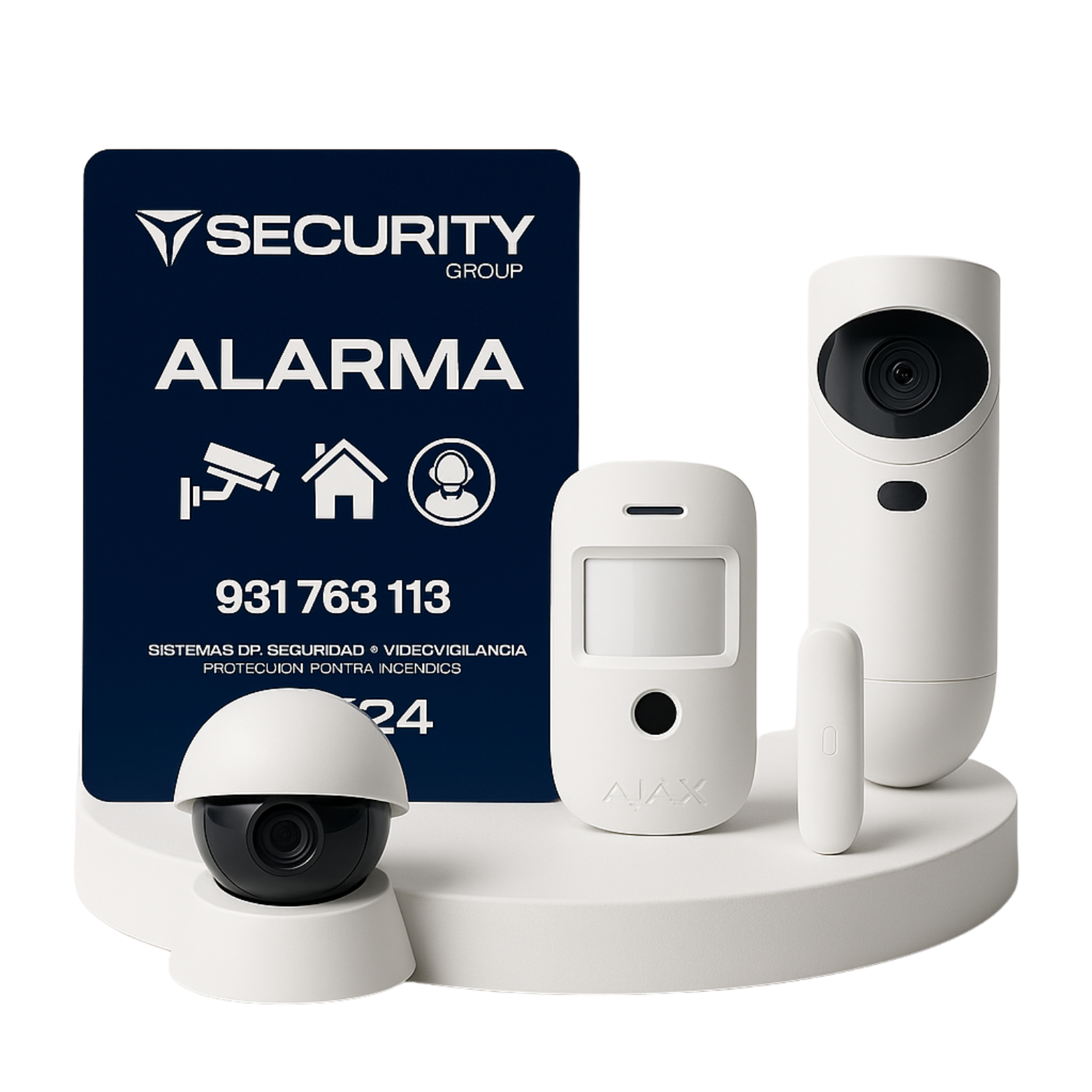 Sistema de alarma de seguridad con cámara, sensor de movimiento y control remoto en exhibición.
