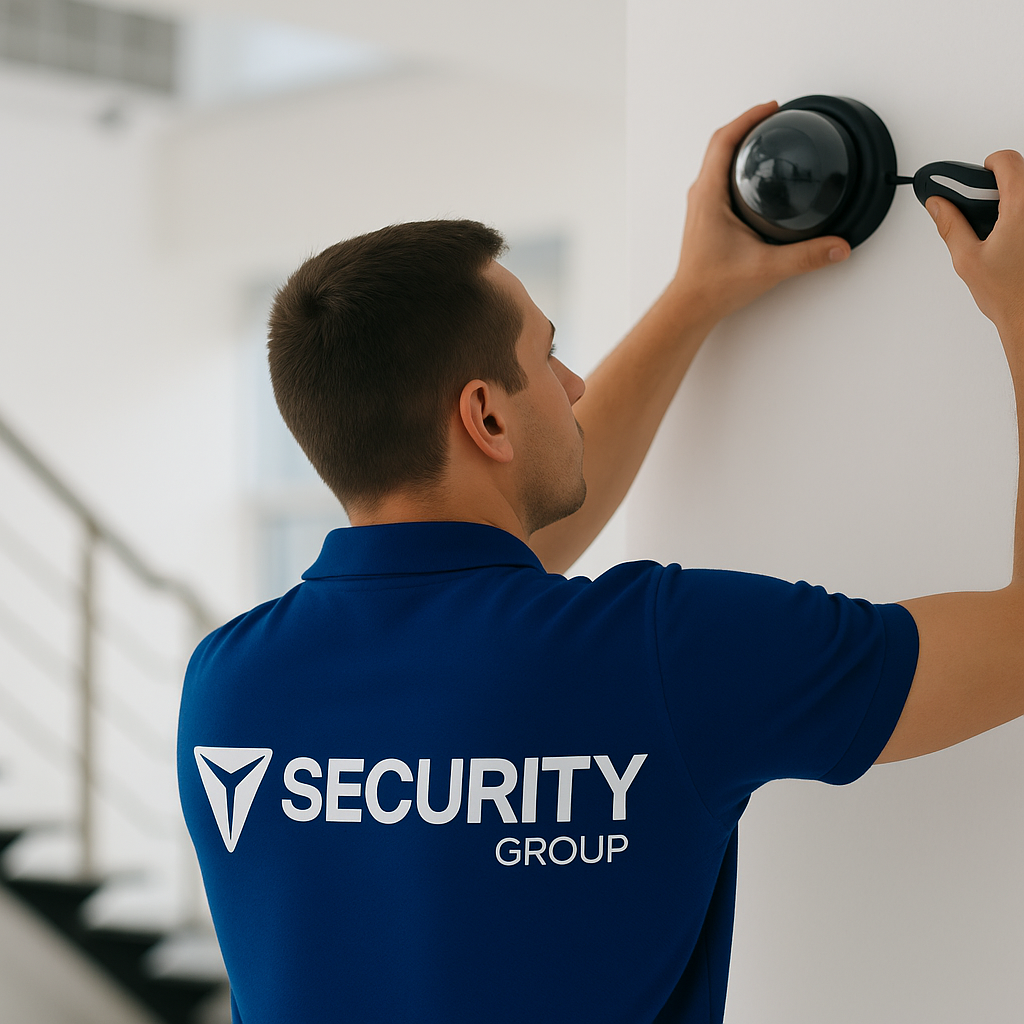 Hombre en uniforme de grupo de seguridad instalando una cámara de vigilancia en una pared interior.