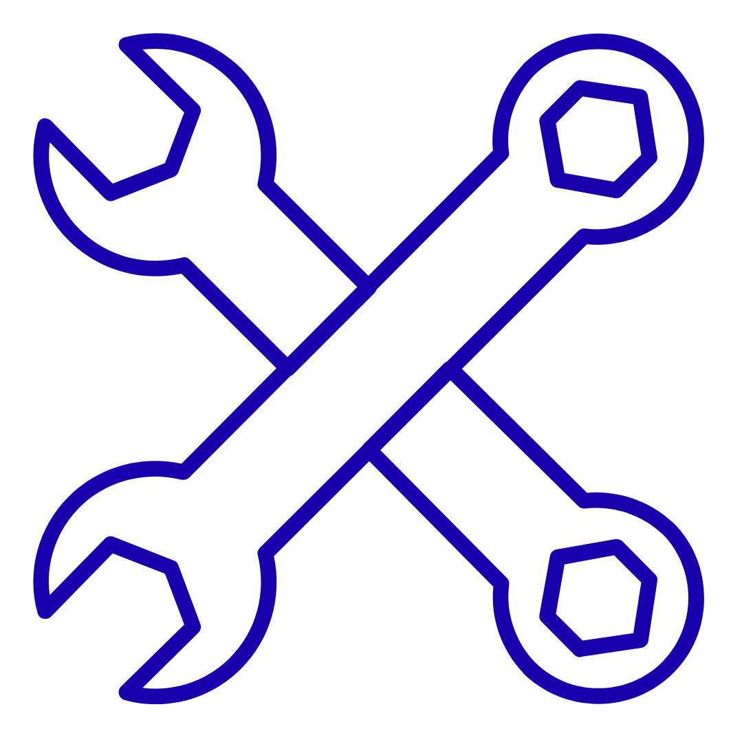Icono de herramientas cruzadas: una llave y una tuerca, con líneas azules en fondo negro.