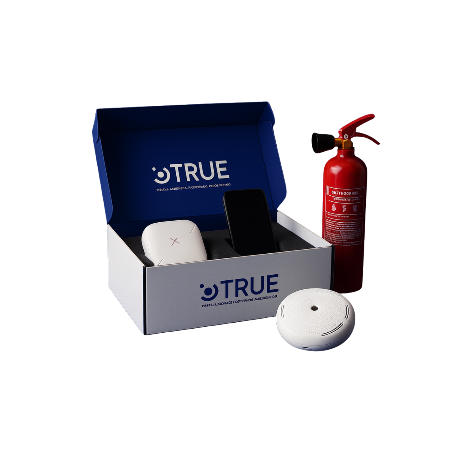 Kit contra incendios con extintor, detector de humo, alarma y caja con productos, en fondo negro.