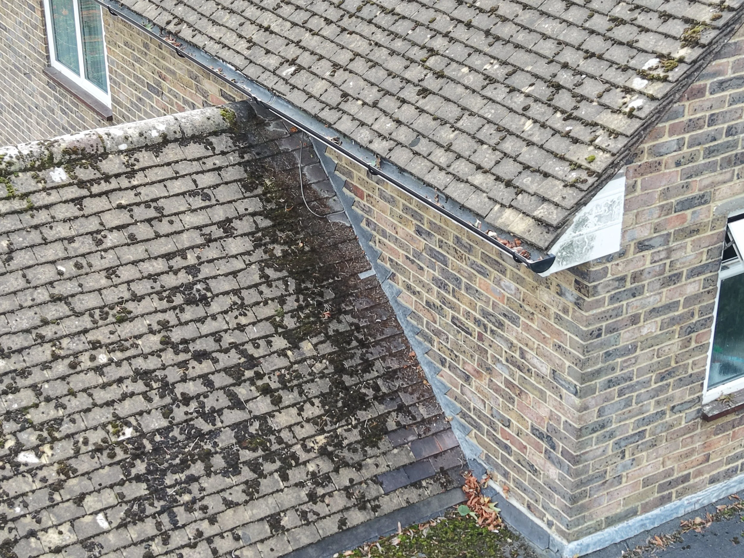 An aerial view of a roof with moss as part of a property drone survey inspection