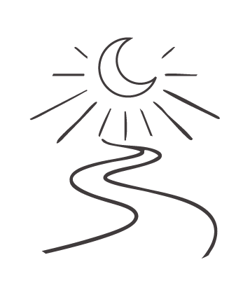 A stylized outline of a crescent moon with rays emanating from it and a winding path below.