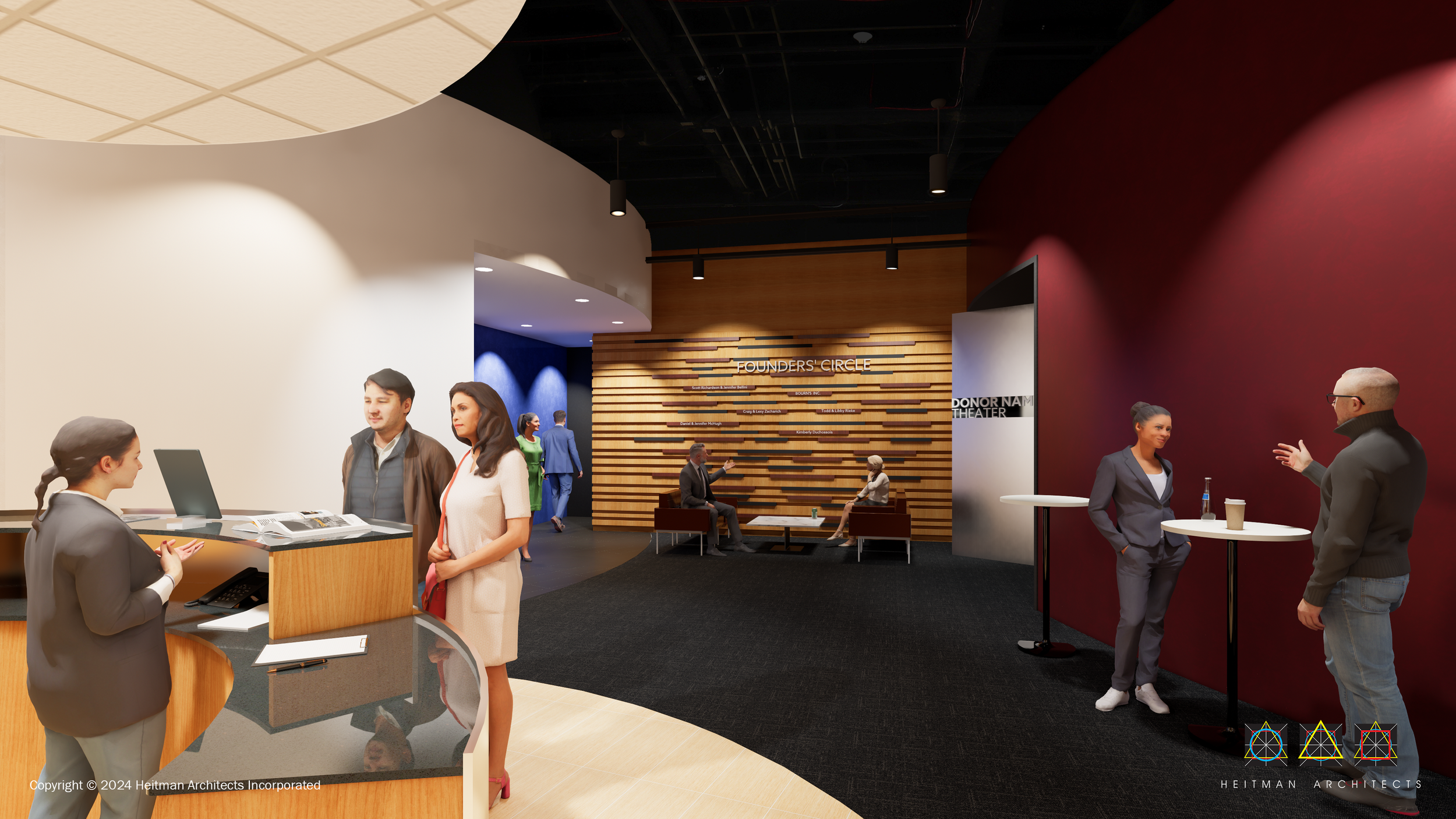 Architectural rendering of proposed new theater space. People conversing in a modern, well-lit lobby area with wooden accent walls and a reception desk, with a sign that reads 'Founders' Circle' on the wall.