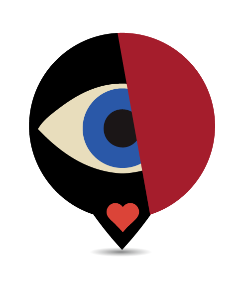 Map pin with Parker Players stylized eye with a red curtain partially covering it representing the connection between actor & audience, heart shaped tear evoking emotion.
