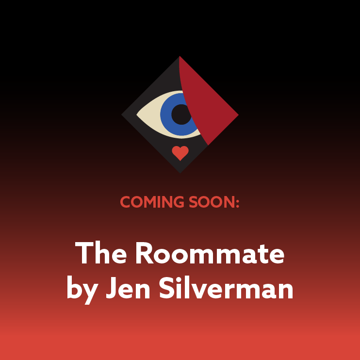 Notification for upcoming book release: 'The Roommate' by Jen Silverman with a graphic of an eye, a heart, and a red and black color scheme.