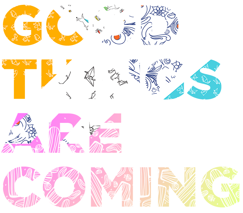 Abstract digital artwork with colorful overlapping geometric shapes and patterns in orange, white, blue, pink, and yellow, featuring intricate line designs and small fish-like figures.