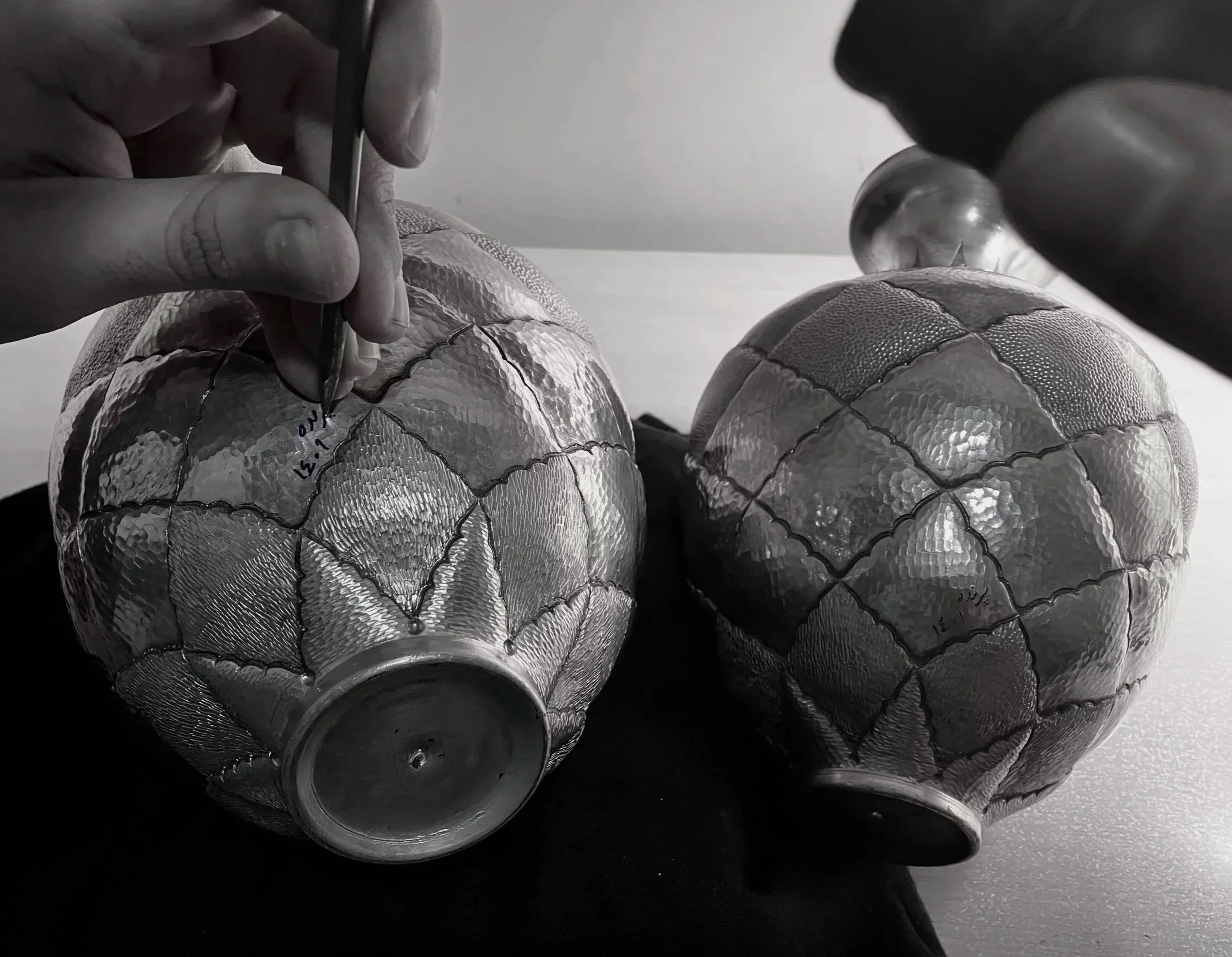 Handcrafted silver vase, with minimal contemporary sketched patterns