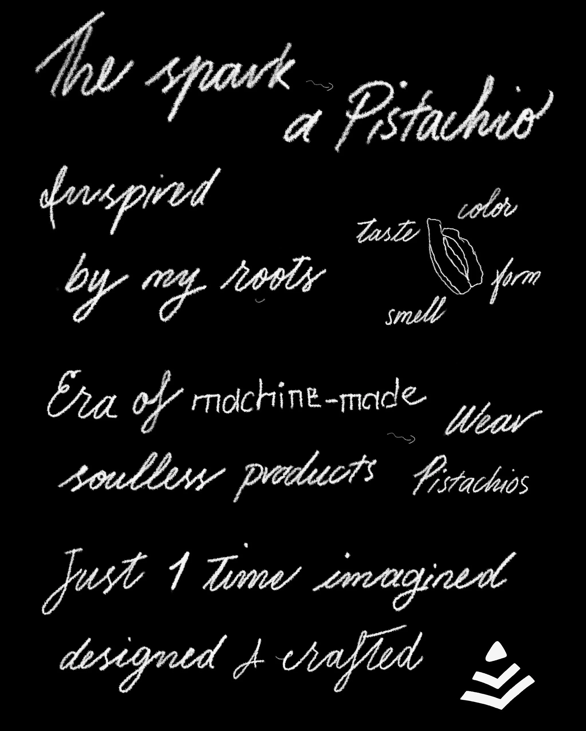 Handwritten note with the text 'Thru spark ~ a Pistachio inspired' and a simple sketch of a pistachio nut, with additional words like 'taste,' 'smell,' and 'form' around it, on a black background.