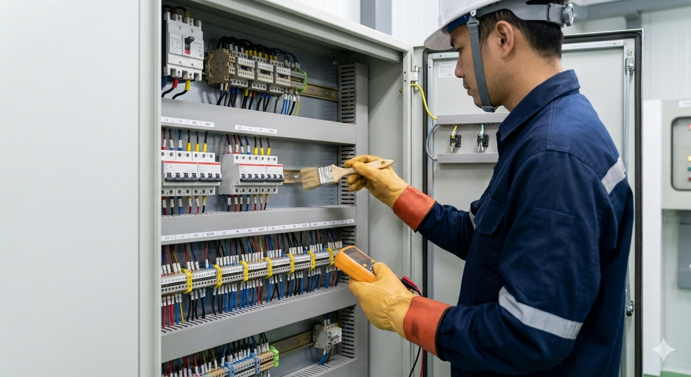 Electrician working inside an electrical panel, using a brush and a multimeter, wearing a helmet, gloves, and safety uniform.