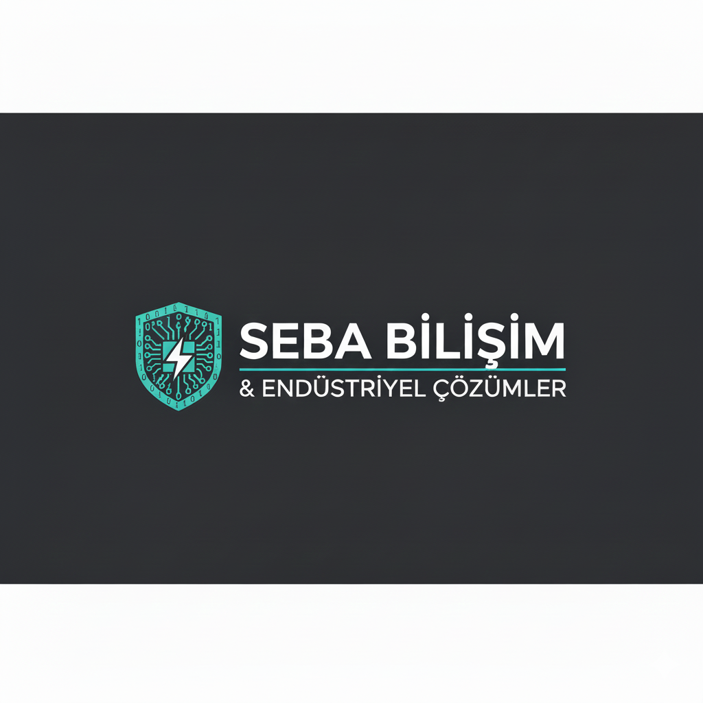 Logo of SEBA BİLİŞİM & ENDÜSTRİYEL ÇÖZÜMLER on a dark background with a circuitry shield emblem and a lightning bolt.