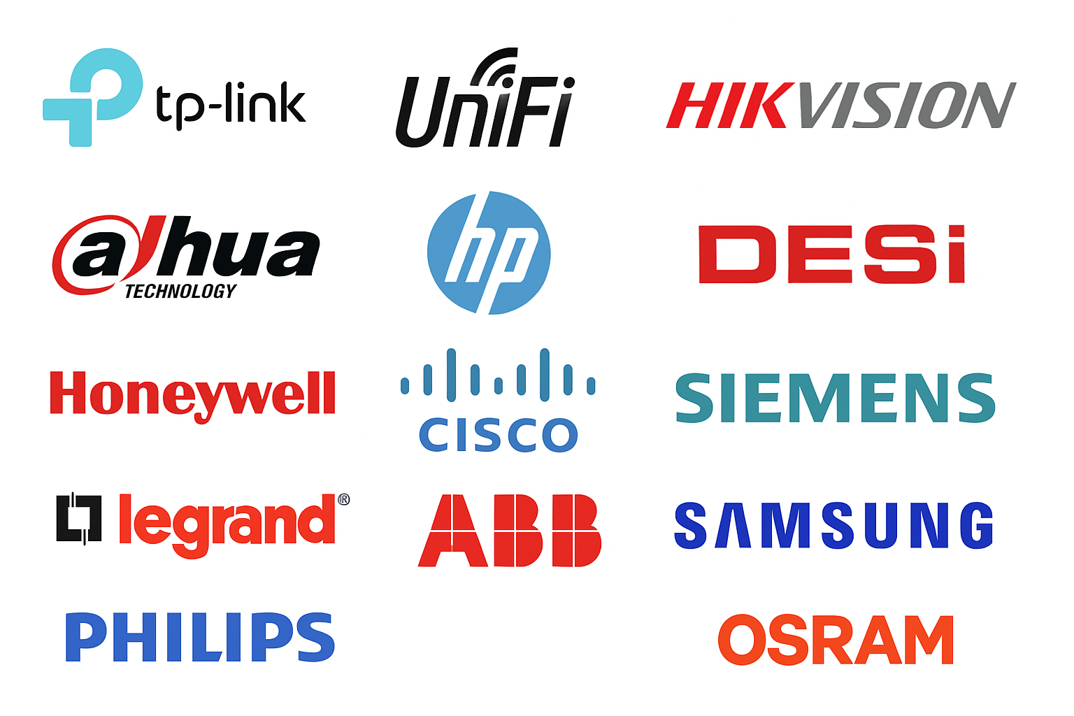 Collection of logos from various technology companies, including tp-link, Unifi, Hikvision, Dahua, HP, DESi, Honeywell, Cisco, Siemens, Legrand, ABB, Samsung, Philips, and Osram.