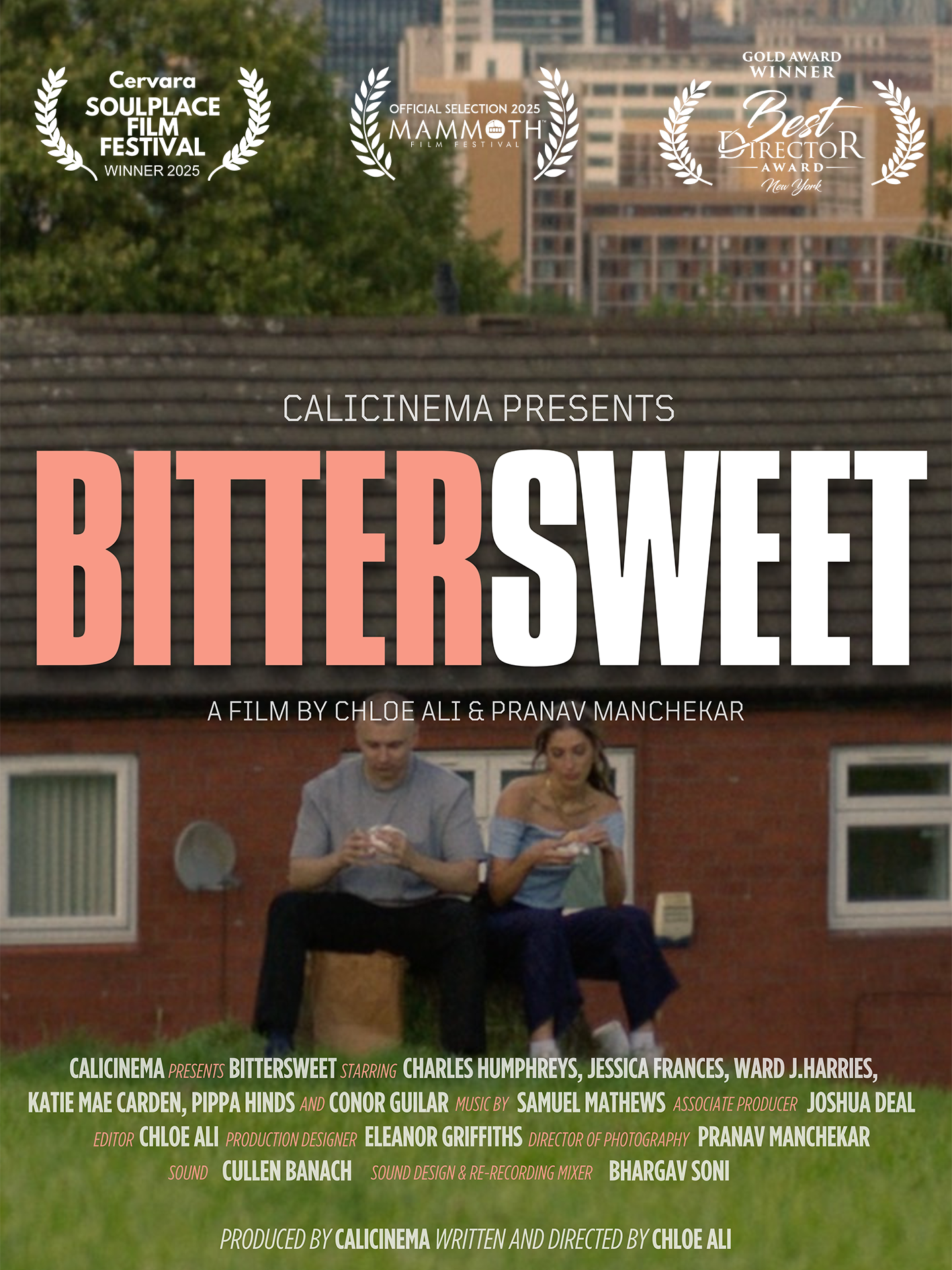 Movie poster for 'Bittersweet' featuring two people sitting on a bench, one man and one woman, in front of a brick building with green grass in the foreground. Award laurels from film festivals are displayed at the top.