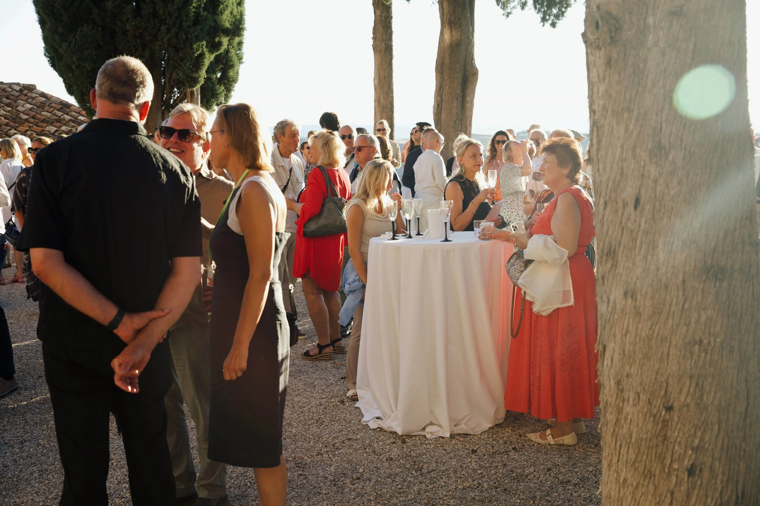 People socializing outdoors at a gathering with tables holding drinks, bright sunlight, and trees in the background.