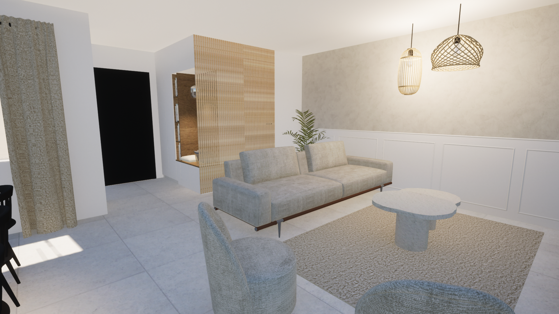 Salon moderne avec canapé beige, fauteuils, tapis, table centrale, plantes, lampes en rotin suspendues et murs décorés. Par Alexane Azé Architecture.