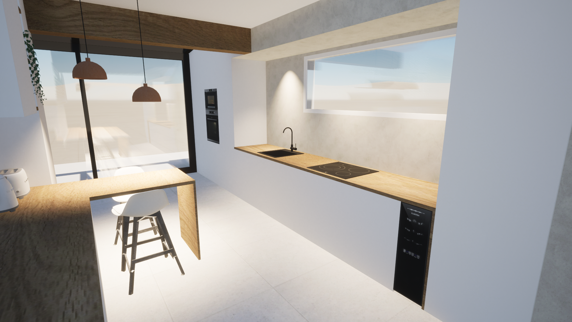 Cuisine moderne avec comptoir en bois, évier, plaque de cuisson et un espace pour manger avec un tabouret blanc. Par Alexane Azé Architecture.