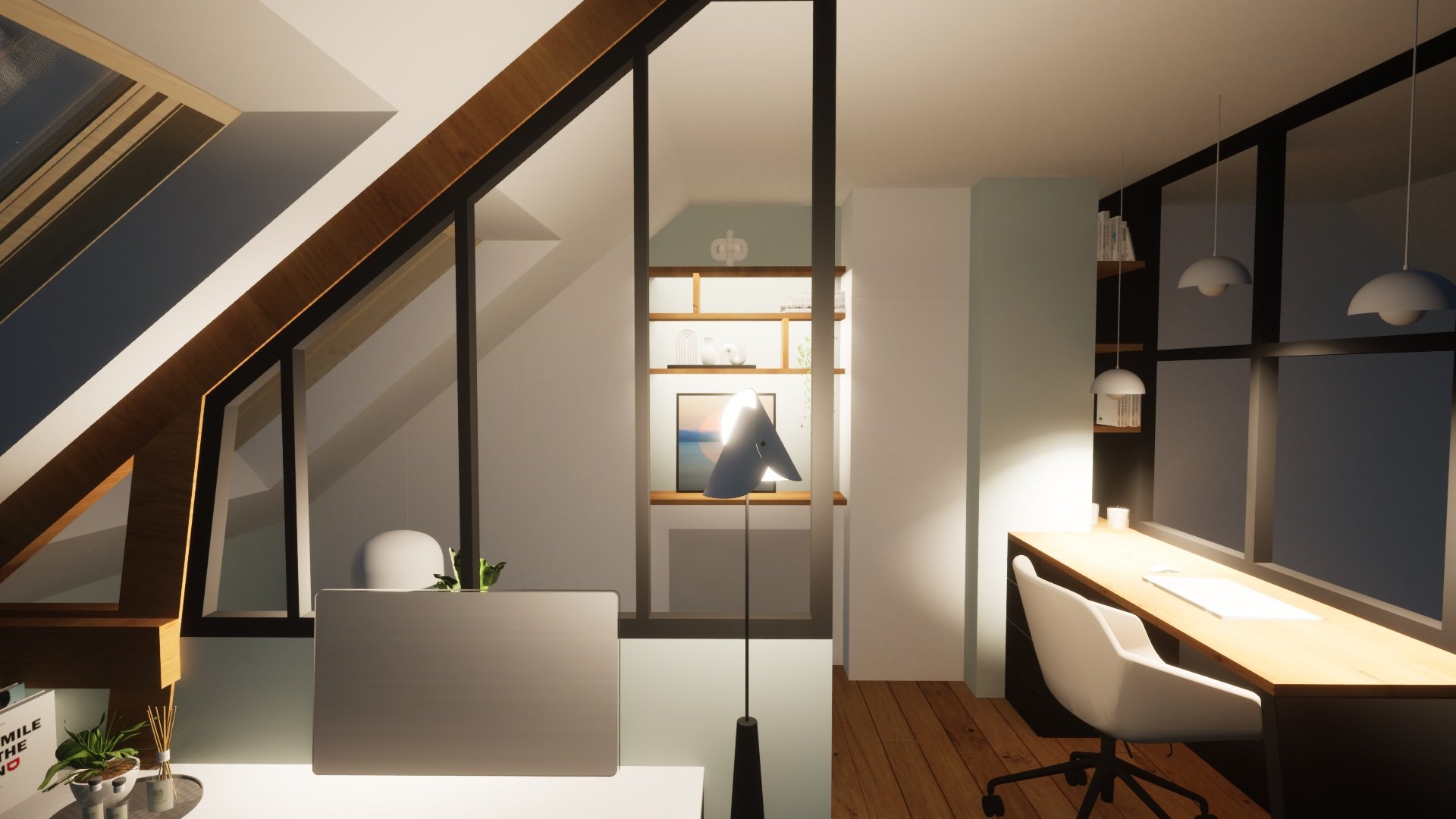 Intérieur d'un bureau avec une lampe, un bureau en bois, une chaise de bureau blanche, étagères avec des décorations et un tableau. Par Alexane Azé Architecture X 360 design.