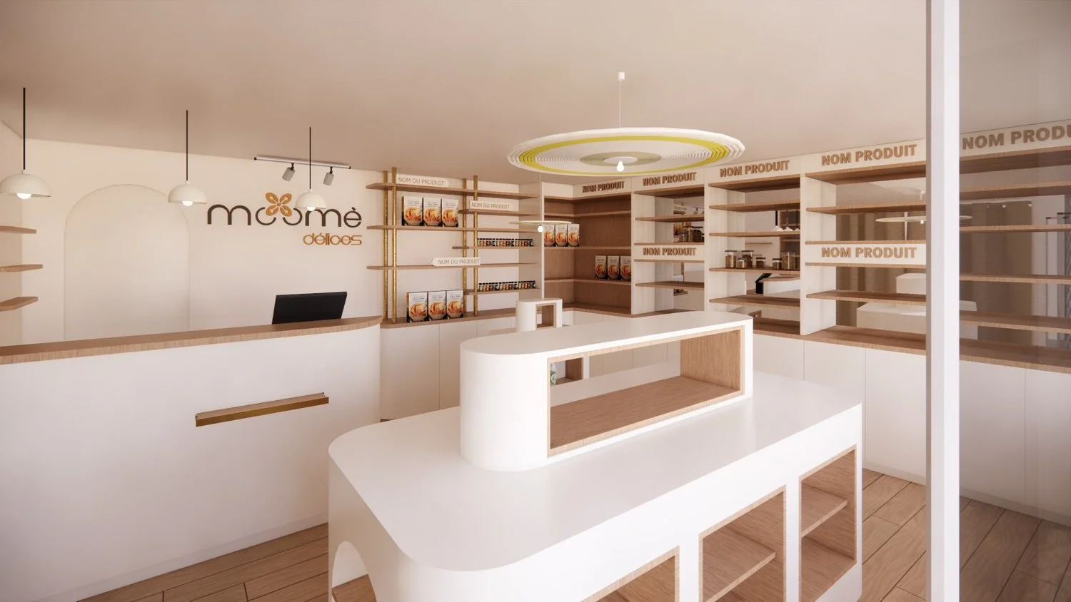 Intérieur d'une boutique avec un comptoir en bois et blanc, étagères en bois pour displaying des produits, panneau stylisé 'momé délices' sur le mur, éclairage suspendu au plafond. Par Alexane Azé Architecture X Studio Sans Souci.