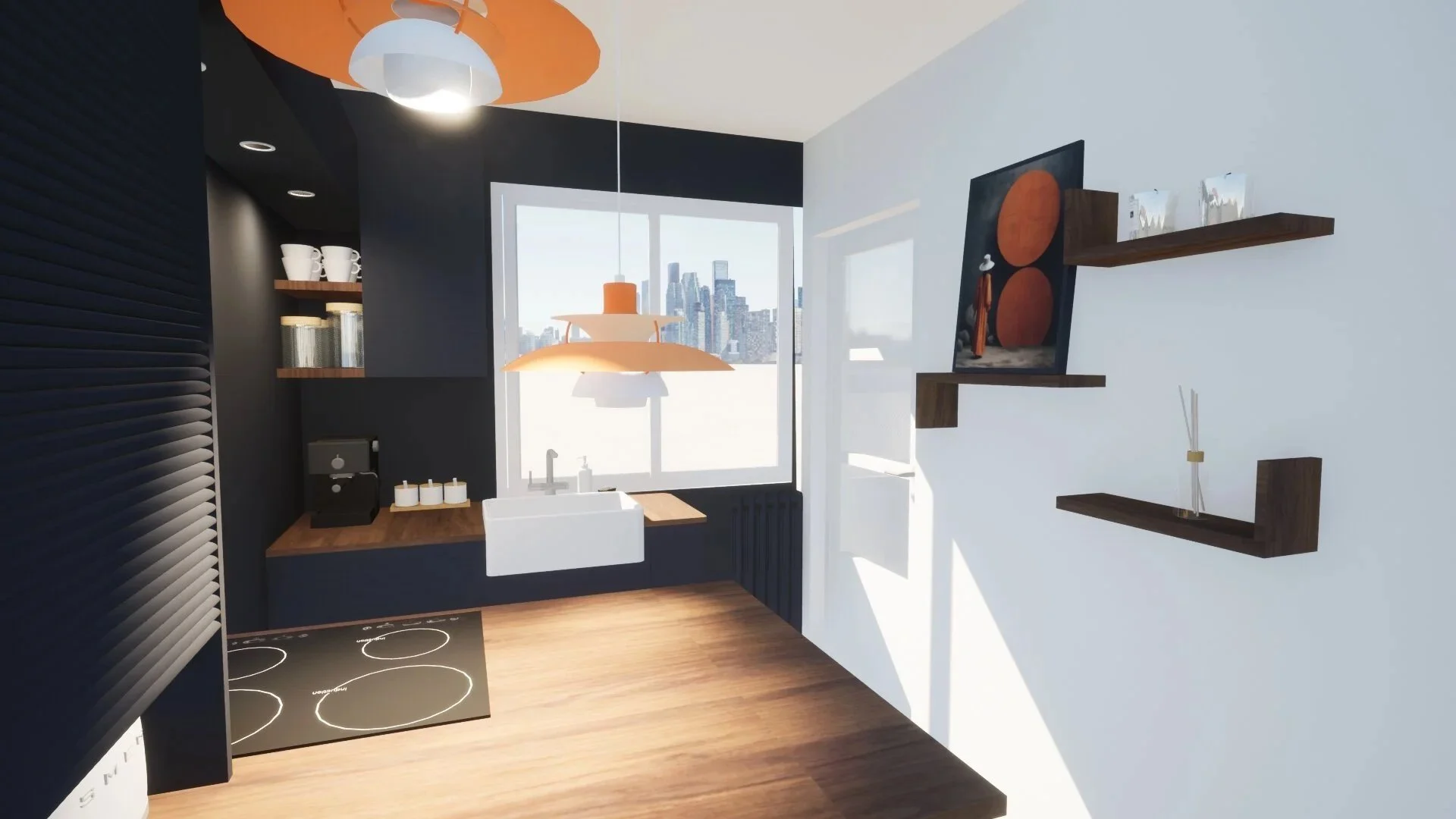 Cuisine moderne avec mur noir, plan de travail en bois, évier blanc sous une grande fenêtre, étagères en bois avec vaisselle et décoration, luminaire suspendu en forme de disque, plan de cuisson électrique. Par Alexane Azé Architecture X 360 design.