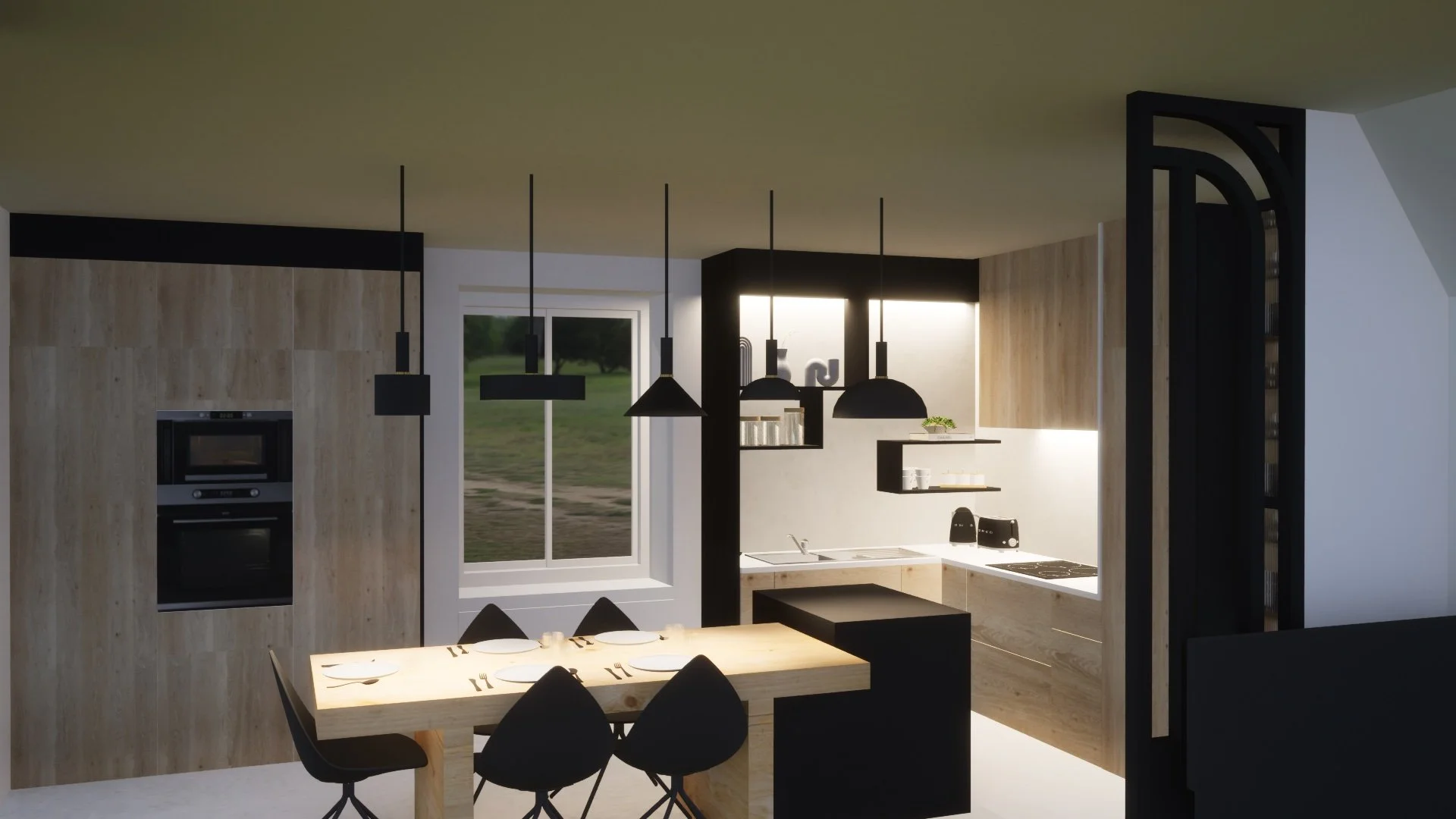 Cuisine moderne avec table en bois, chaises noires, murs en bois clair, éclairage suspendu noir, fenêtre donnant sur un espace vert. Par Alexane Azé Architecture X 360 design.