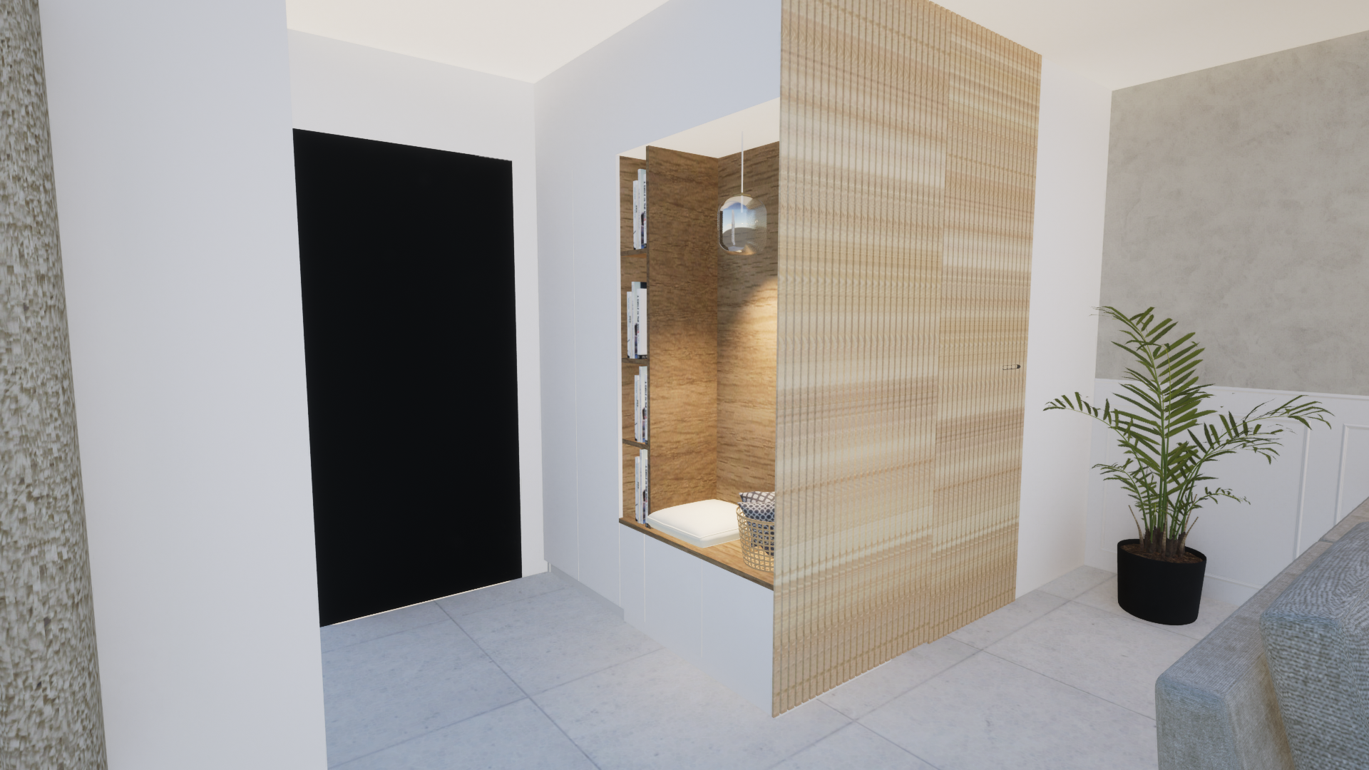 Intérieur moderne d'une pièce avec un coin lecture ou rangement en bois clair, une étagère avec des livres, un panier en osier, une plante verte en pot noir, et un mur blanc et gris. Par Alexane Azé Architecture.