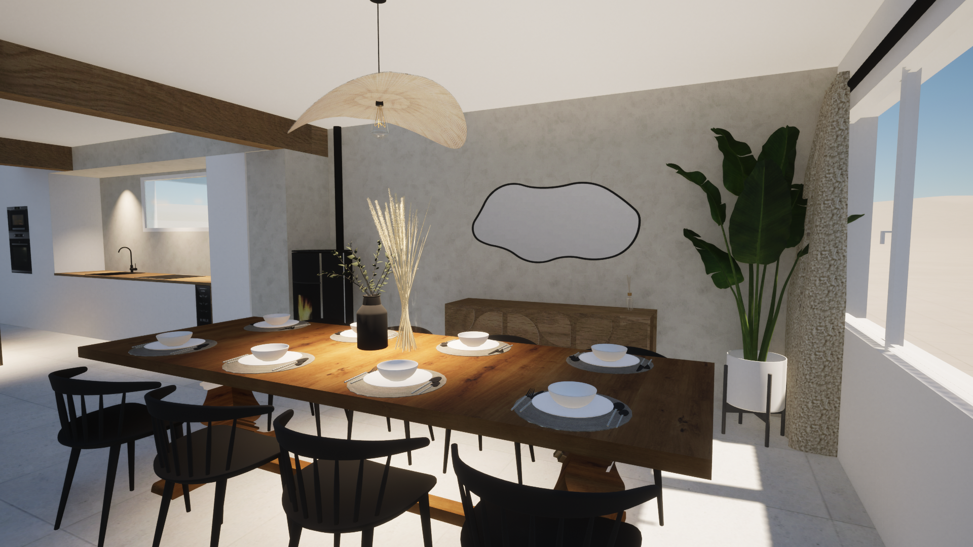 Salle à manger avec une grande table en bois, six assiettes et bols blancs, une vase avec des fleurs, une grande plante verte en pot, et un mur avec une décoration abstraite. Par Alexane Azé Architecture.